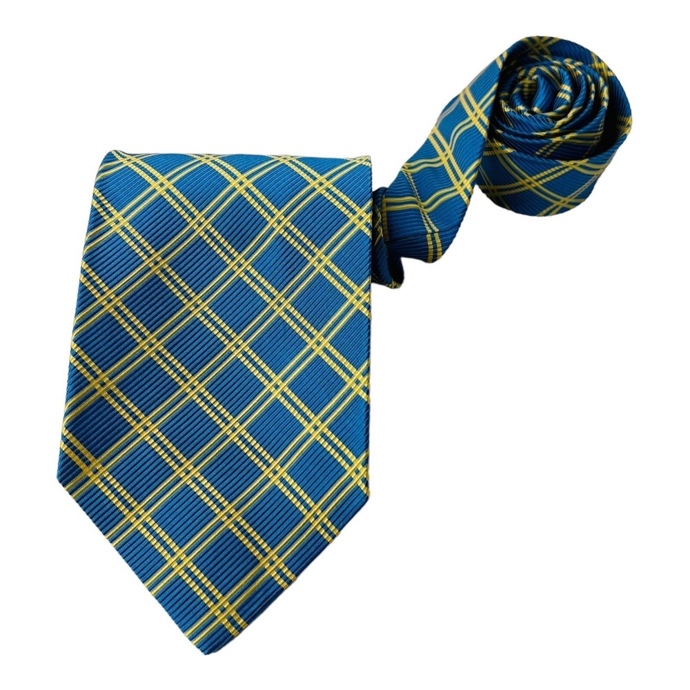 Paul Stuart Lt Blue w/ Yellow Check Silk Neck Tie‎ Mens Size 3.75"W 58"L